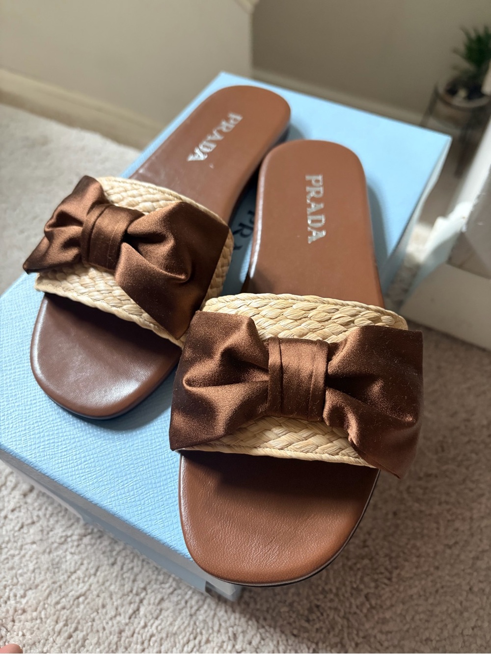 Prada Brown Satin Bow Raffia Slide Sandals
